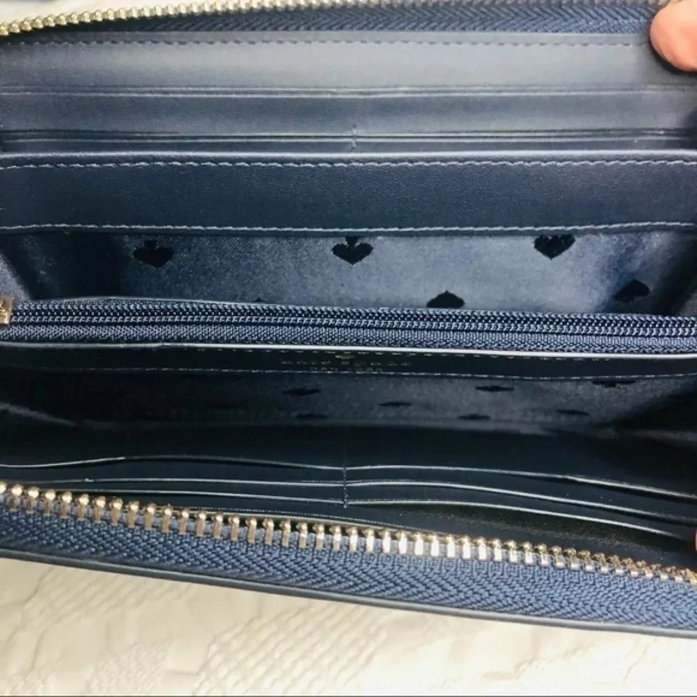 Kate Spade New York Apple Print Zip Around Wallet Black Leather Spade Lining NWT